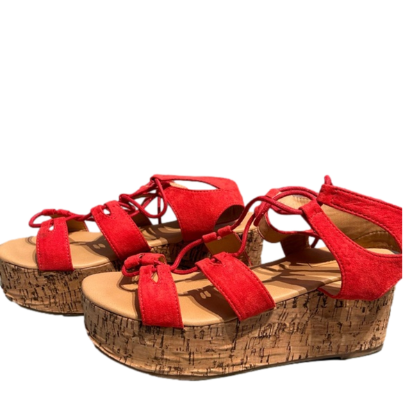 Yoki Shoes - Yoki size 7.5 coral/red lace up wedge with box & dust covers